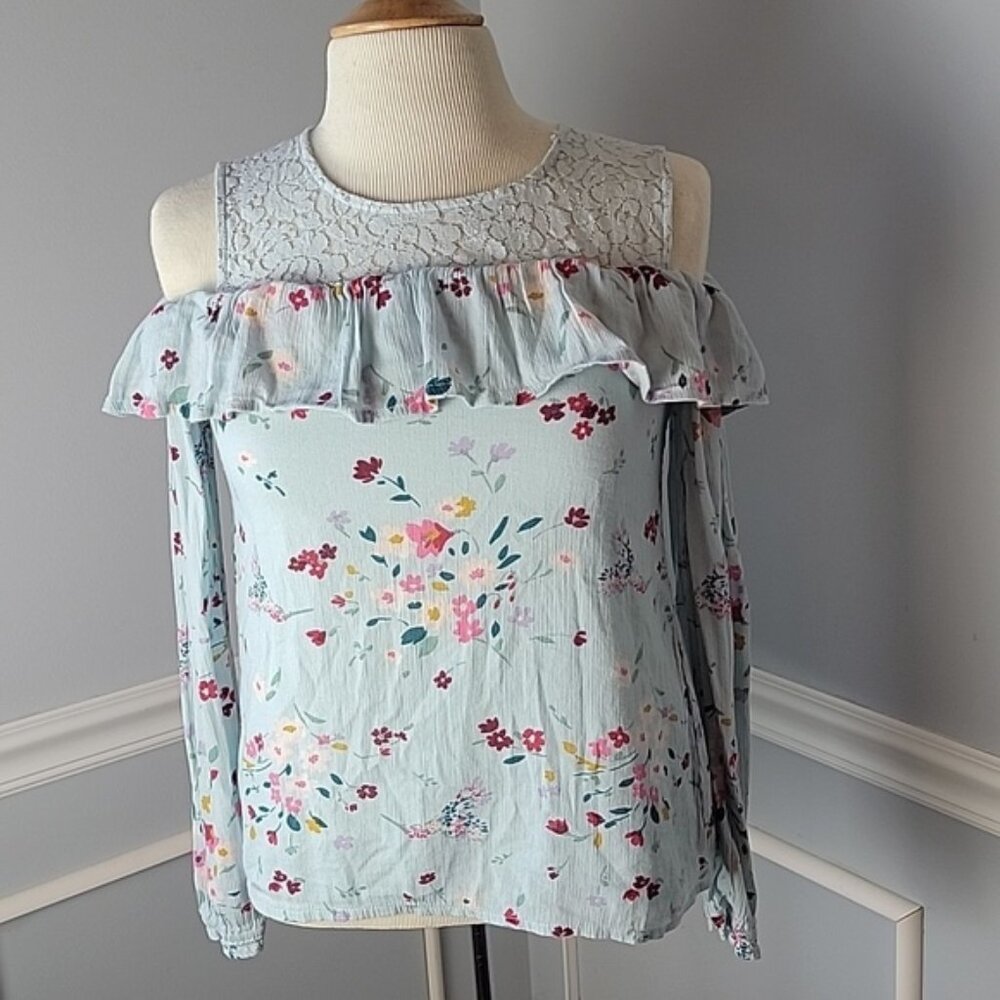 ABERCROMBIE KIDS Girl's Boho Coquette Floral Lace Ruffle Cold Shoulder Top 11/12